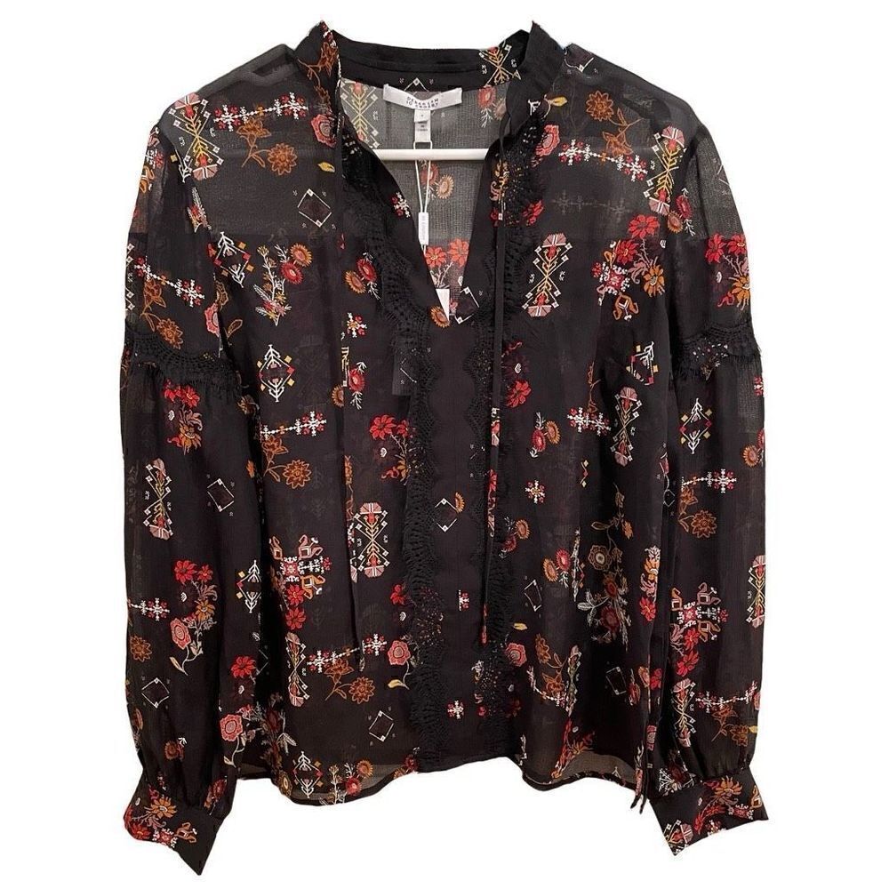 Derek Lam 10 Crosby Blouse Womens 8 Floral Silk Long Sleeve Cross-Stitch 70s NWT